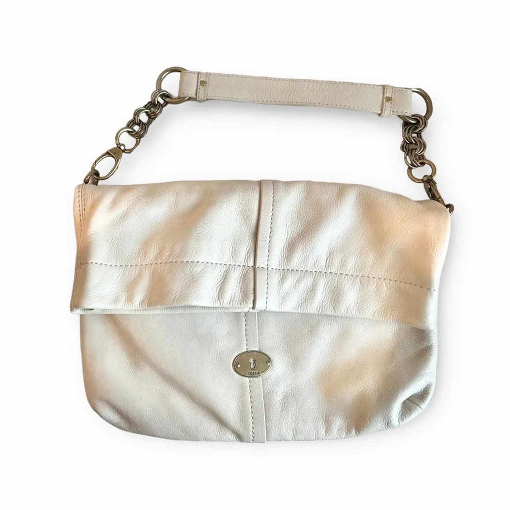 Fossil Quinn Ivory Pebbled Leather Foldover Hobo Bag